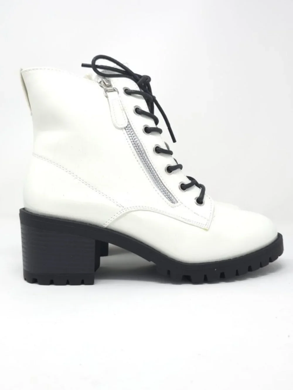 Combat Boots Chunky Heel Lace Up Side Zipper Faux Leather White Pat Ankle Boot - Picture 3 of 12